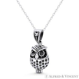 Perched Owl Bird Animal Charm Pendant in Oxidized .925 Sterling Silver